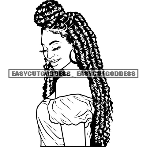 Smile Face African American Woman Wearing Hoop Earing Locus Hairstyle Sexy Pose Design Element BW Artwork SVG JPG PNG Vector Clipart Cricut Silhouette Cut Cutting