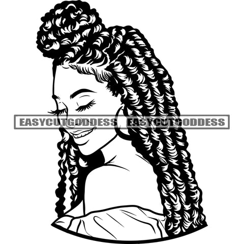 Smile Face African American Woman Wearing Hoop Earing Locus Hairstyle Afro Woman Head Artwork Sexy Pose Design Element BW Artwork SVG JPG PNG Vector Clipart Cricut Silhouette Cut Cutting