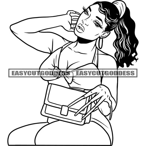 African American Woman Wearing Sexy Dress Bikini Smile Face Long Nail Long Hairstyle Holding Hand Bag Vector BW Design Element SVG JPG PNG Vector Clipart Cricut Silhouette Cut Cutting