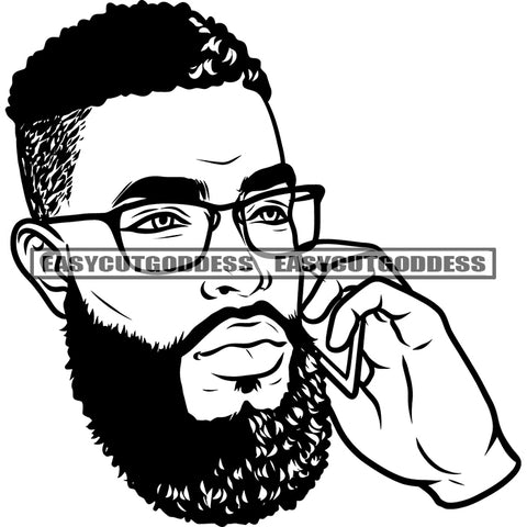 African American Man Head Wearing Sunglasses Black And White Artwork Afro Hairstyle Design Element Nubian Man Hand Holding Phone SVG JPG PNG Vector Clipart Cricut Silhouette Cut Cutting