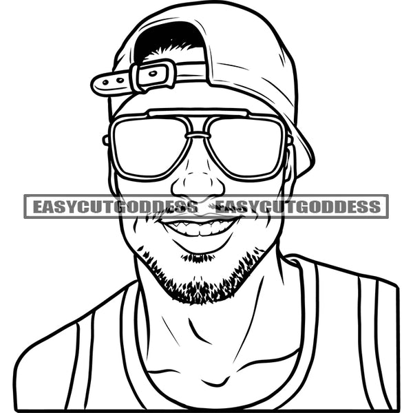 Smart Young Man Wearing Sunglasses And Cap Black And White Artwork Smile Face Young Man Black And White Artwork SVG JPG PNG Vector Clipart Cricut Silhouette Cut Cutting