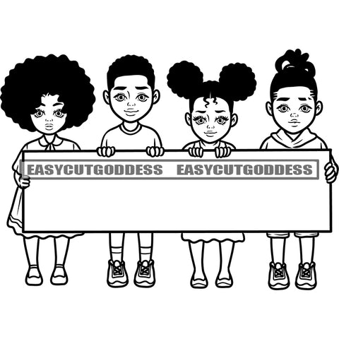 African American Baby Girls And Boys Standing And Holding Banner Afro Hairstyle Design Element Cute Face Black And White Artwork SVG JPG PNG Vector Clipart Cricut Silhouette Cut Cutting