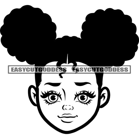 Cute African American Baby Girls Face Design Element Afro Girls Puffy Short Hairstyle BW Artwork SVG JPG PNG Vector Clipart Cricut Silhouette Cut Cutting