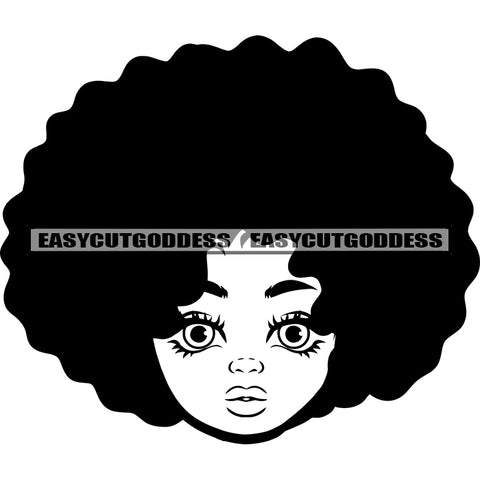 Cute African American Melanin Baby Girls Face Design Element Afro Hairstyle BW Artwork Beautiful Face Vector SVG JPG PNG Vector Clipart Cricut Silhouette Cut Cutting