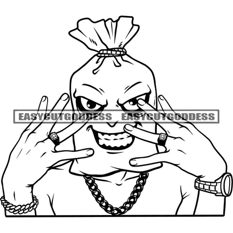 Funny Cartoon Character Smile Face Showing Finger And Teeth Vector Wearing Chain And Watch Cartoon Head Money Bag SVG JPG PNG Vector Clipart Cricut Silhouette Cut Cutting