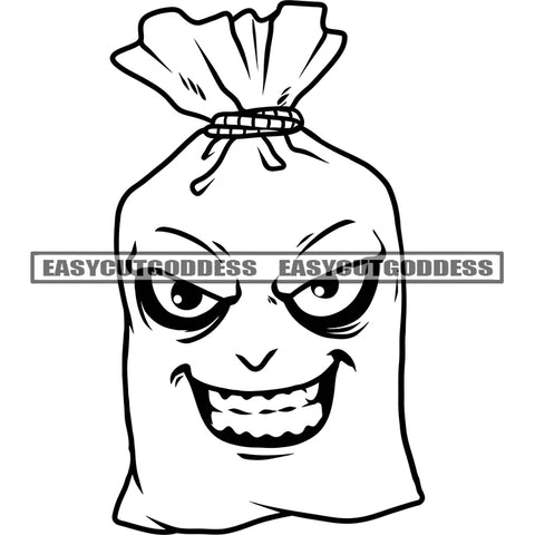 Funny Money Bag Cartoon Character Smile Face Showing Own Teeth Vector Black And White Artwork Design Element SVG JPG PNG Vector Clipart Cricut Silhouette Cut Cutting
