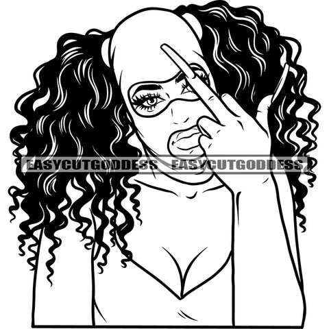 African American Sexy Woman Showing Middle Finger Curly Hairstyle Afro Woman Wearing Face Musk Design Element BW Artwork SVG JPG PNG Vector Clipart Cricut Silhouette Cut Cutting