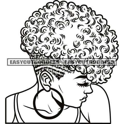 African American Sexy Woman Short Hairstyle Afro Short Hair Woman Hide Face Design Element Wearing Hoop Earing BW Artwork SVG JPG PNG Vector Clipart Cricut Silhouette Cut Cutting