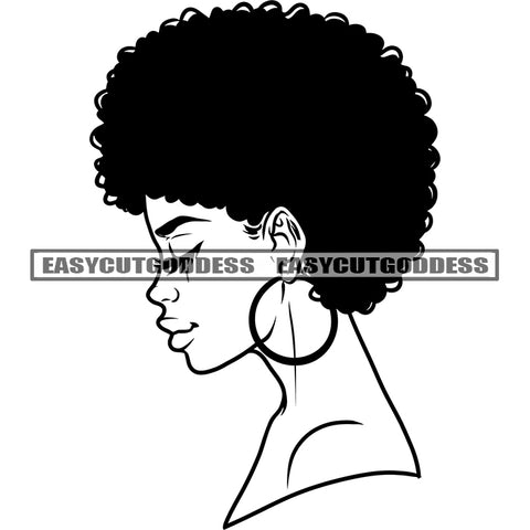 Black And White Artwork African American Woman Side Face Design Element Close Eyes Wearing Hoop Earing Afro Short Hairstyle SVG JPG PNG Vector Clipart Cricut Silhouette Cut Cutting