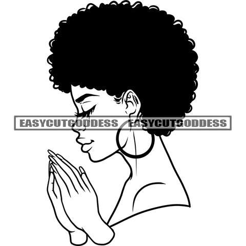 Hard Praying Hand Black And White Artwork African American Woman Side Face Design Element Close Eyes Wearing Hoop Earing Afro Short Hairstyle SVG JPG PNG Vector Clipart Cricut Silhouette Cut Cutting