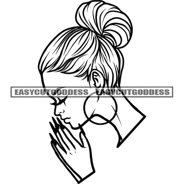 Hard Praying Hand Woman Side Face Long Nail Design Element Wearing Hoop Earing Vector Close Eyes Mediation SVG JPG PNG Vector Clipart Cricut Silhouette Cut Cutting