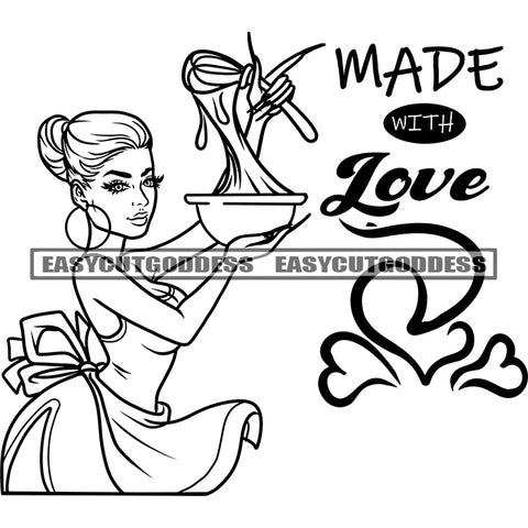 Made With Love Quote African American Chef Woman Cooking Holding Plate Vector BW Artwork Design Element SVG JPG PNG Vector Clipart Cricut Silhouette Cut Cutting