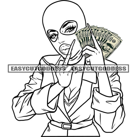 Gangster Woman Showing Middle Finger Vector African American Woman Wearing Face Musk Hand Holding Color Money Long Nail Sexy Dress SVG JPG PNG Vector Clipart Cricut Silhouette Cut Cutting