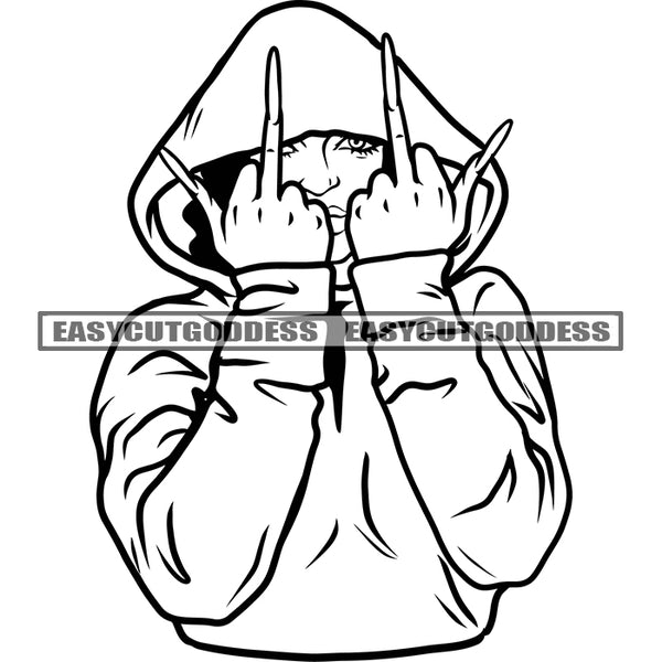 African American Woman Showing Double Middle Finger Hand Sign Design Element Hide Face Wearing Winter Hudi BW Artwork SVG JPG PNG Vector Clipart Cricut Silhouette Cut Cutting