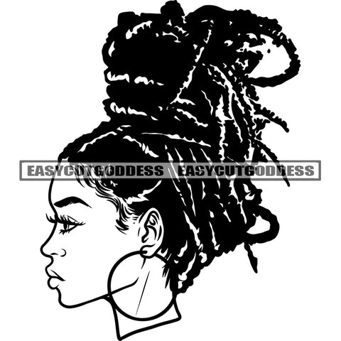 African American Woman Head And Face Design Element Locus Hairstyle Wearing Hoop Earing BW Artwork SVG JPG PNG Vector Clipart Cricut Silhouette Cut Cutting