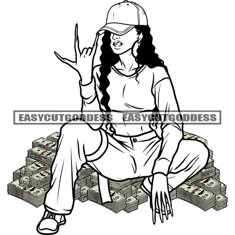 Swag Woman Sitting On Money Bundle Design Element African American Woman Wearing Cup Curly Hairstyle Beautiful Woman SVG JPG PNG Vector Clipart Cricut Silhouette Cut Cutting