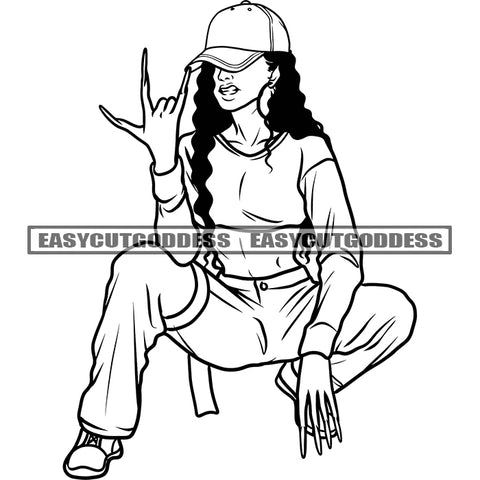 Swag Woman Sitting Pose  Design Element African American Woman Wearing Cup Woman Hand Long Nail Curly Hairstyle Beautiful Woman SVG JPG PNG Vector Clipart Cricut Silhouette Cut Cutting