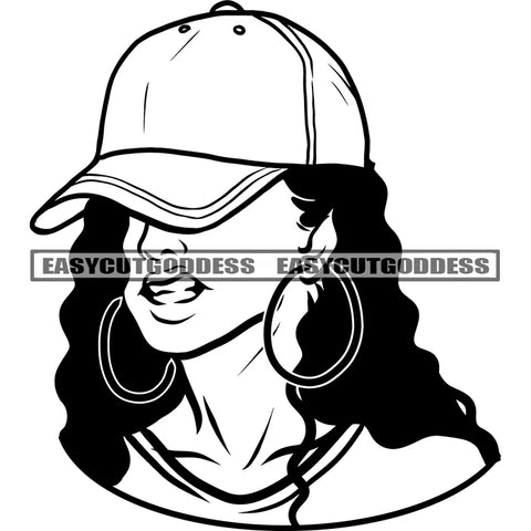 African American Woman Smile Face Wearing Cap Vector Black And White Artwork Curly Long Hairstyle Vector SVG JPG PNG Vector Clipart Cricut Silhouette Cut Cutting