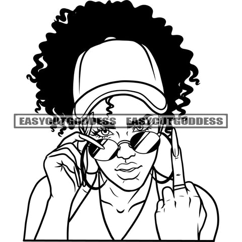 African American Woman Showing Middle Finger Holding Sunglasses Afro Hairstyle Sexy Woman Face Design Element BW Artwork SVG JPG PNG Vector Clipart Cricut Silhouette Cut Cutting