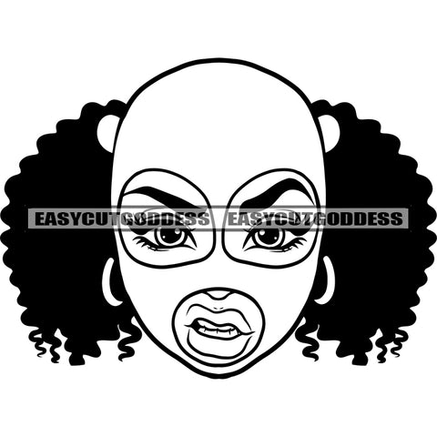 Puffy Hairstyle Angry Face Woman Wearing Face Musk African American Woman Head Design Element Vector BW Artwork SVG JPG PNG Vector Clipart Cricut Silhouette Cut Cutting