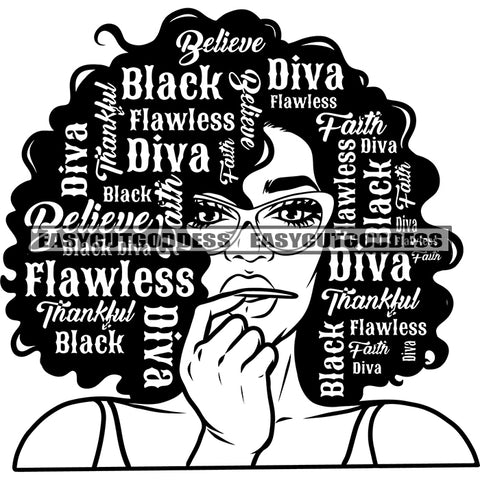 Believe Black Diva Flawless Quote African American Woman Head And Face Design Element Afro Woman Wearing Sunglasses Long Nail Smile Face Artwork SVG JPG PNG Vector Clipart Cricut Silhouette Cut Cutting