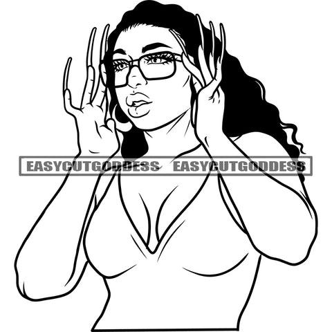 Sexy African American Woman Hand Holding Sunglass Afro Woman Curly Long Hairstyle Design Element Vector BW Artwork SVG JPG PNG Vector Clipart Cricut Silhouette Cut Cutting