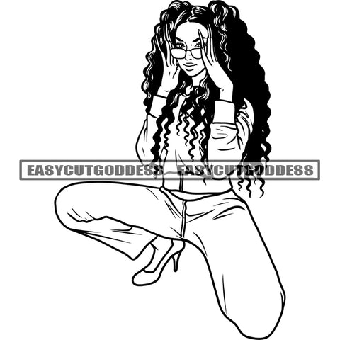 Sitting Pose Sexy African American Woman Hand Holding Sunglass Afro Woman Curly Long Hairstyle Design Element Vector BW Artwork SVG JPG PNG Vector Clipart Cricut Silhouette Cut Cutting