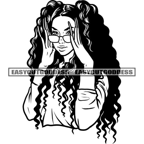 Beautiful Woman Holding Sunglasses African American Woman Smile Face Curly Long Hairstyle Design Element SVG JPG PNG Vector Clipart Cricut Silhouette Cut Cutting