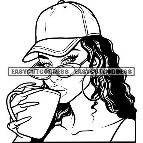 African American Sexy Woman Drinking Coffee Wearing Sunglasses And Cap Curly Hairstyle BW Artwork Hand Holding Coffee Mug SVG JPG PNG Vector Clipart Cricut Silhouette Cut Cutting