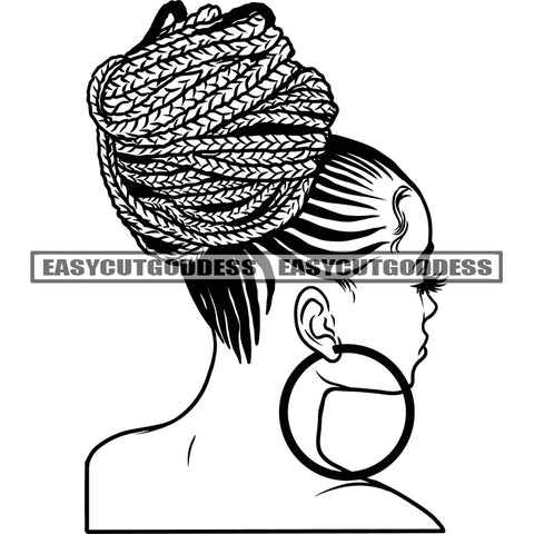 African American Sexy Woman Back Side Design Element Locus Hairstyle Wearing Hoop Earing Vector Design Element SVG JPG PNG Vector Clipart Cricut Silhouette Cut Cutting