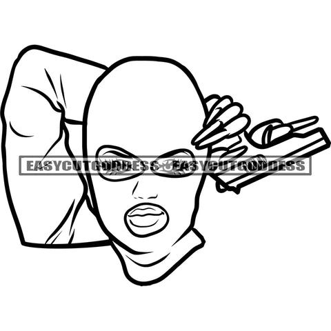 Woman Wearing Face Musk African American Woman Hand Holding Gun Black And White Artwork Design Element Smile Face Gangster Woman SVG JPG PNG Vector Clipart Cricut Silhouette Cut Cutting