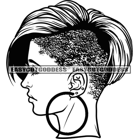 African American Woman Short Hairstyle Wearing Hoop Earing Afro Woman Side Face Design Element Close Eyes BW Artwork SVG JPG PNG Vector Clipart Cricut Silhouette Cut Cutting