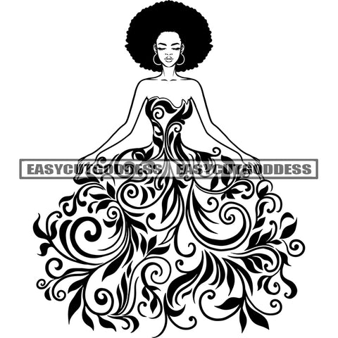 African American Woman Afro Hairstyle Wearing Hoop Earing Flower Symbol Dress Black And White Artwork Woman Close Eyes Vector SVG JPG PNG Vector Clipart Cricut Silhouette Cut Cutting