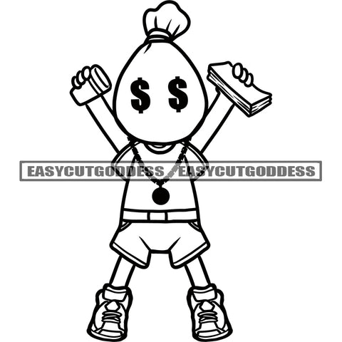 Funny Baby Money Bag Cartoon Hand Holding Coffee Mug And Money Bundle Dollar Sign On Cartoon Eyes BW Artwork SVG JPG PNG Vector Clipart Cricut Silhouette Cut Cutting