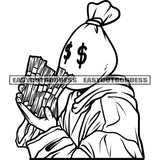 Money Bag Cartoon Character Hand Holding Money Note Side Face Design Element BW Artwork Cartoon Dollar Sign Eyes SVG JPG PNG Vector Clipart Cricut Silhouette Cut Cutting