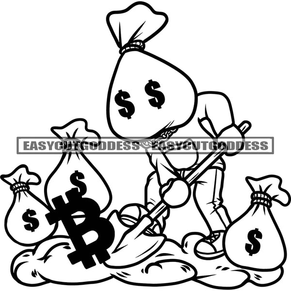 Funny Money Cartoon Character Digging On Money Bag Vector Black And White Artwork Lot Of Money Bag On Floor Design Element Dollar Sign On Eyes SVG JPG PNG Vector Clipart Cricut Silhouette Cut Cutting