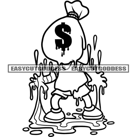Funny Money Bag Cartoon Character Dripping Water Or Color Design Element Black And White Artwork Money Bag Head SVG JPG PNG Vector Clipart Cricut Silhouette Cut Cutting