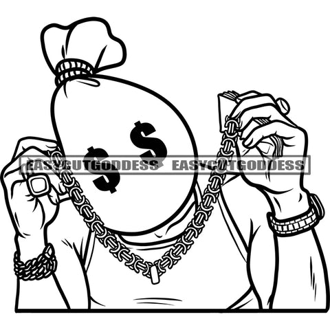 Funny Cartoon Character Hand Holding Gold Chain Vector Black And White Artwork BW Dollar Sign On Eyes SVG JPG PNG Vector Clipart Cricut Silhouette Cut Cutting