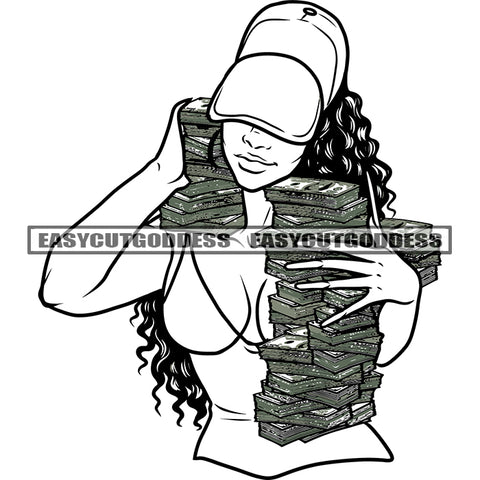 Sexy African American Woman Hand Holding Money Bundle Curly Hairstyle Vector Wearing Cap Design Element BW Artwork SVG JPG PNG Vector Clipart Cricut Silhouette Cut Cutting