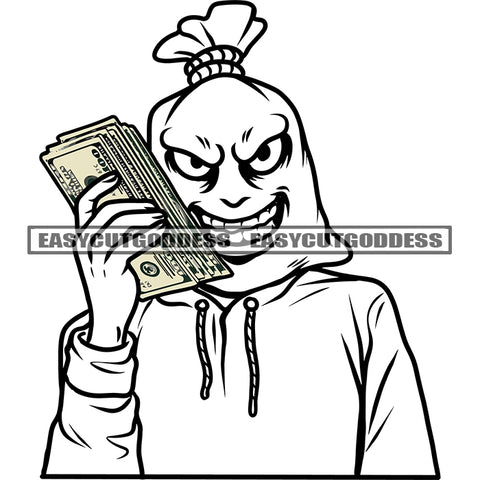 Funny Cartoon Character Smile Face Design Element Hand Holding Lot Of Money Bundle Gangster Money Bag SVG JPG PNG Vector Clipart Cricut Silhouette Cut Cutting