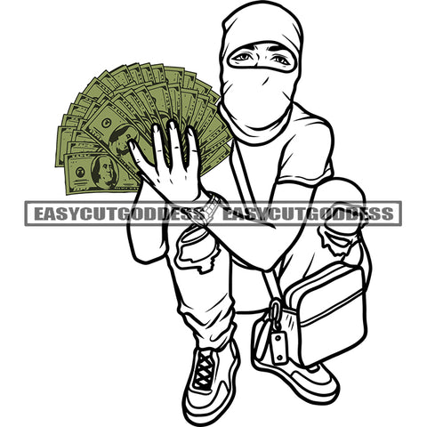 Gangster African American Man Hand Holding Money Note Wearing Face Musk Vector Hide Face Design Element Side Bag BW Artwork SVG JPG PNG Vector Clipart Cricut Silhouette Cut Cutting