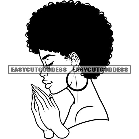 African American Woman Side Face Design Element Hard Praying Hand Afro Hair Style Wearing Hoop Earing Beautiful Woman SVG JPG PNG Vector Clipart Cricut Silhouette Cut Cutting