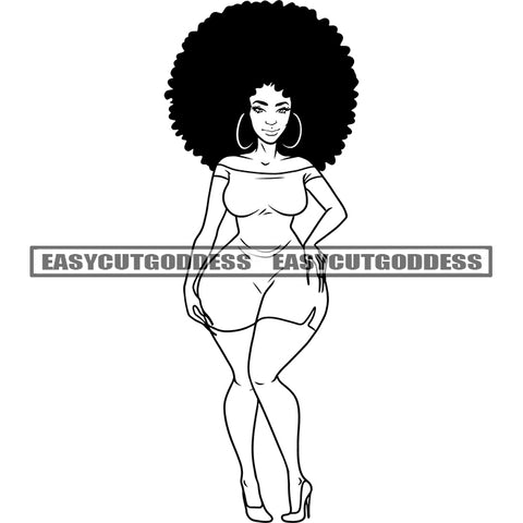 Black And White Artwork African American Woman Wearing Hoop Earing Afro Hairstyle Smile Face Design Element SVG JPG PNG Vector Clipart Cricut Silhouette Cut Cutting