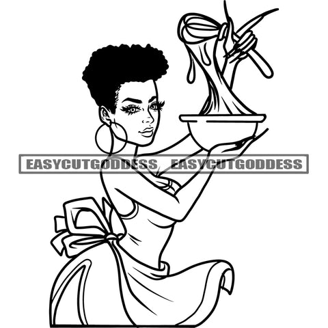 African American Chef Woman Holding Cook Dis Afro Short Hairstyle Wearing Hoop Earing Black And White Artwork Sexy Woman SVG JPG PNG Vector Clipart Cricut Silhouette Cut Cutting