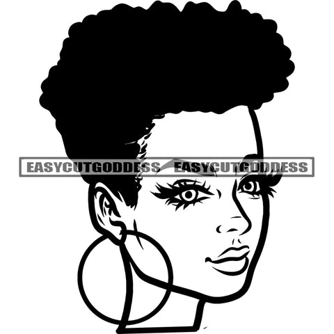 Black And White Artwork African American Woman Head Design Element Wearing Hoop Earing Afro Short Hairstyle BW SVG JPG PNG Vector Clipart Cricut Silhouette Cut Cutting