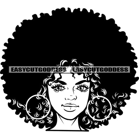 African American Woman Head And Face Design Element Wearing Hoop Earing Smile Face BW Artwork SVG JPG PNG Vector Clipart Cricut Silhouette Cut Cutting