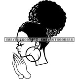 Hard Praying Hand Side Face Woman Close Eyes African American Woman Head And Face Design Element Wearing Hoop Earing Smile Face BW Artwork SVG JPG PNG Vector Clipart Cricut Silhouette Cut Cutting