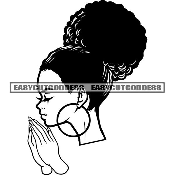 Hard Praying Hand Side Face Woman Close Eyes African American Woman Head And Face Design Element Wearing Hoop Earing Smile Face BW Artwork SVG JPG PNG Vector Clipart Cricut Silhouette Cut Cutting