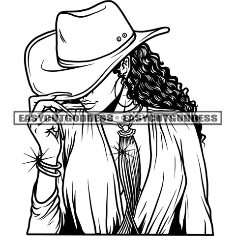 Black And White Artwork Sexy African American Woman Holding Cap Long Nail Afro Hairstyle Wearing Hoop Earing Design Element SVG JPG PNG Vector Clipart Cricut Silhouette Cut Cutting