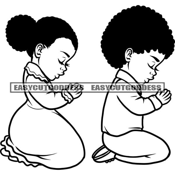 Two African American Child Hard Praying Hand Design Element Afro Hairstyle Side Face Child Sitting Pose BW Artwork SVG JPG PNG Vector Clipart Cricut Silhouette Cut Cutting